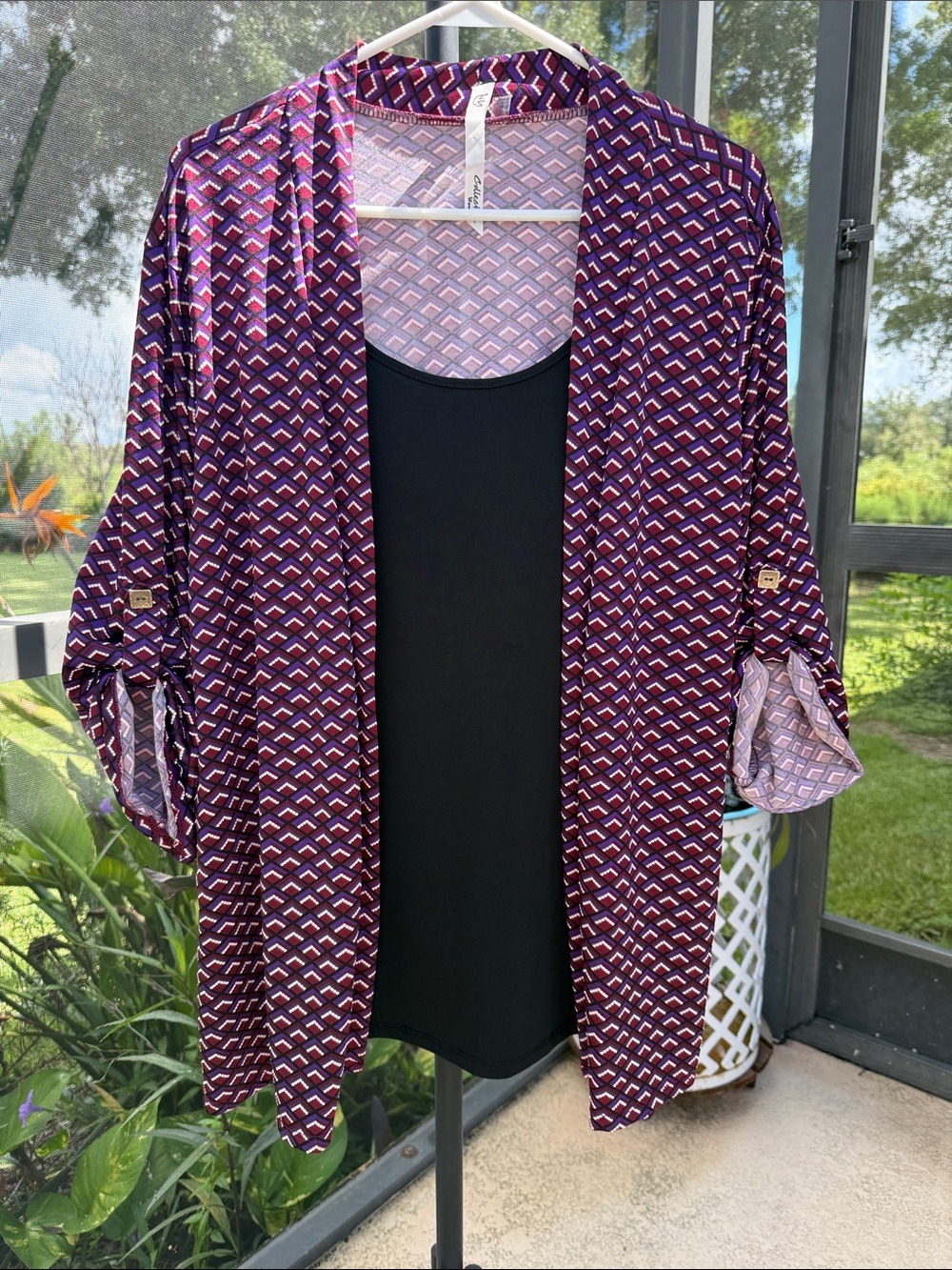 NY Collection Purple Geometric Open-Front Blazer with attached faux under shirt
